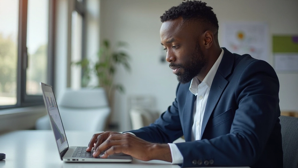 Professional businessman reviewing financial charts and growth analytics at modern office desk