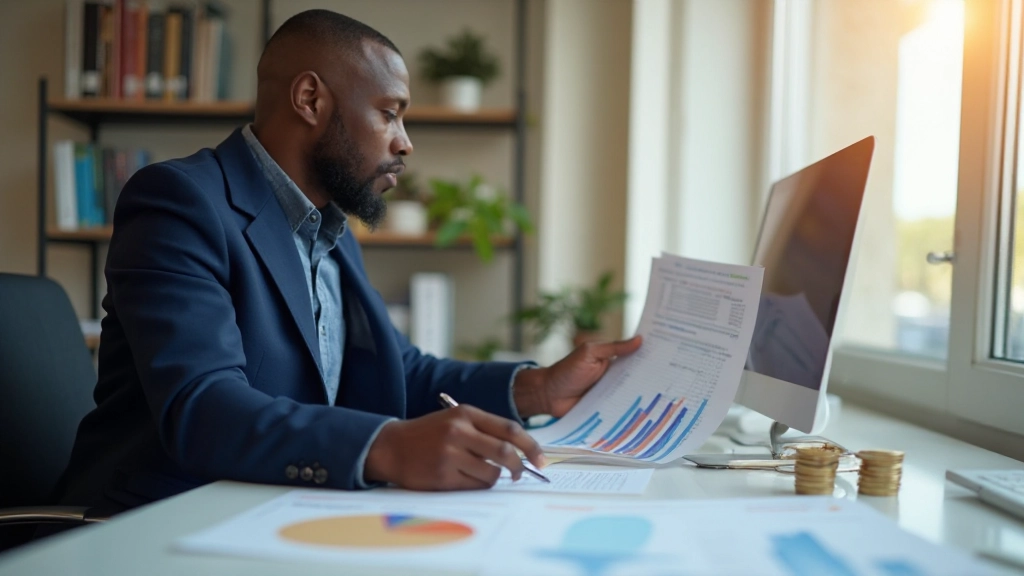 Professional financial advisor analyzing income sources with charts and documents on desk