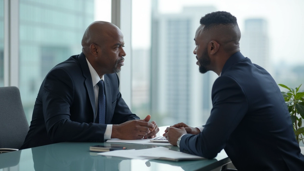 Professional financial advisor consulting with client during planning session at modern office workspace