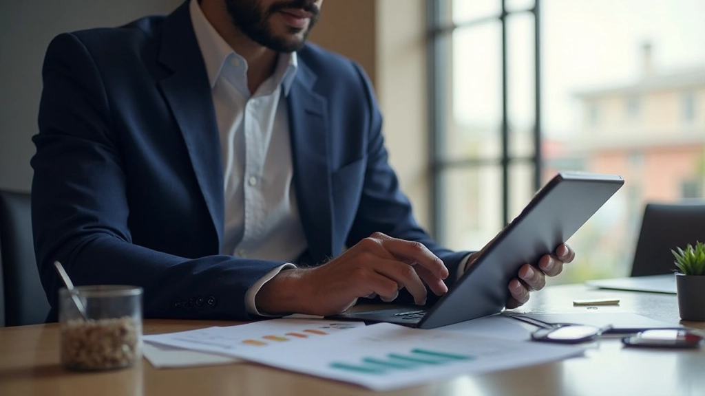 Professional businessman reviewing financial charts and growth analytics at modern office desk