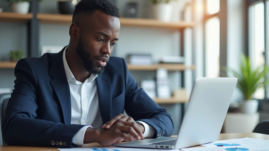 Professional investor analyzing financial data on laptop and documents at desk