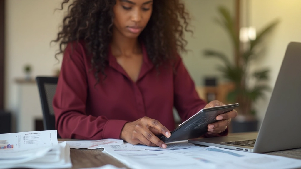 Young woman reviewing investment portfolio documents and calculator on wooden desk