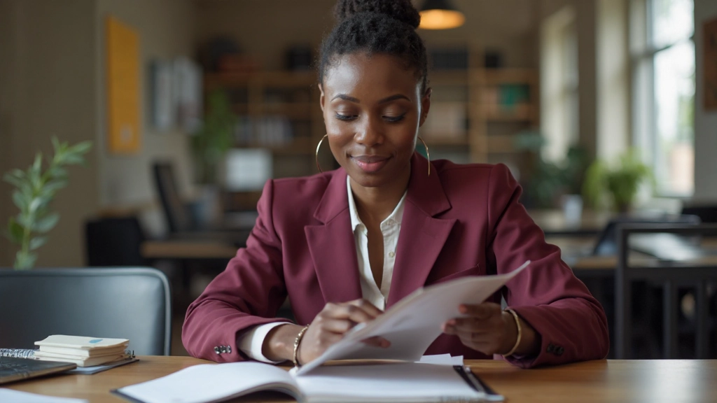 Professional woman reviewing business plan documents and financial reports at desk