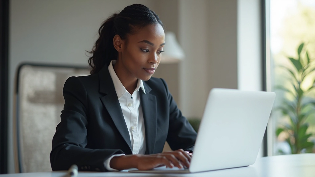 Professional employee working at desk with laptop in modern corporate office environment